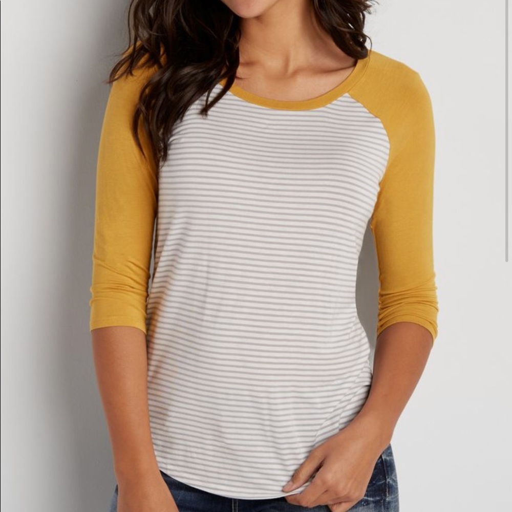 Maurices mustard & gray striped 24/7 baseball tee